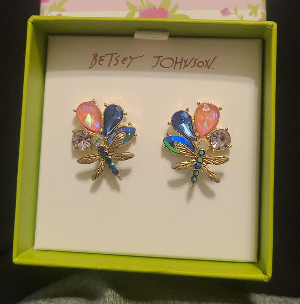 BETSEY JOHNSON Dragonfly Earrings Rhinestones  NIB